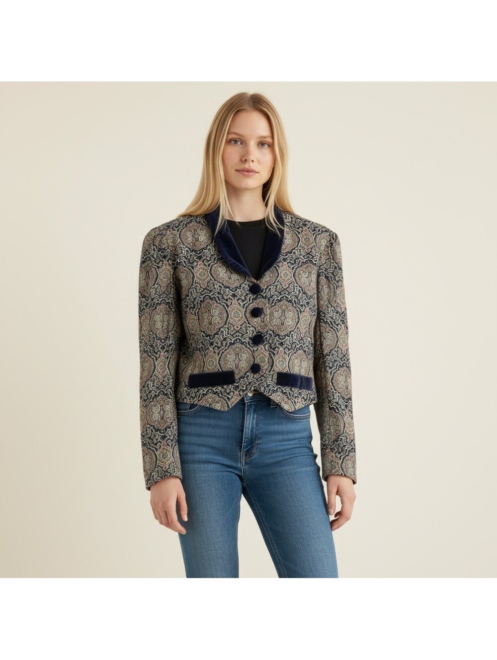 Karin Stevens Blazer Women 10 Blue Geometric Button Collared Long Sleeve Lined